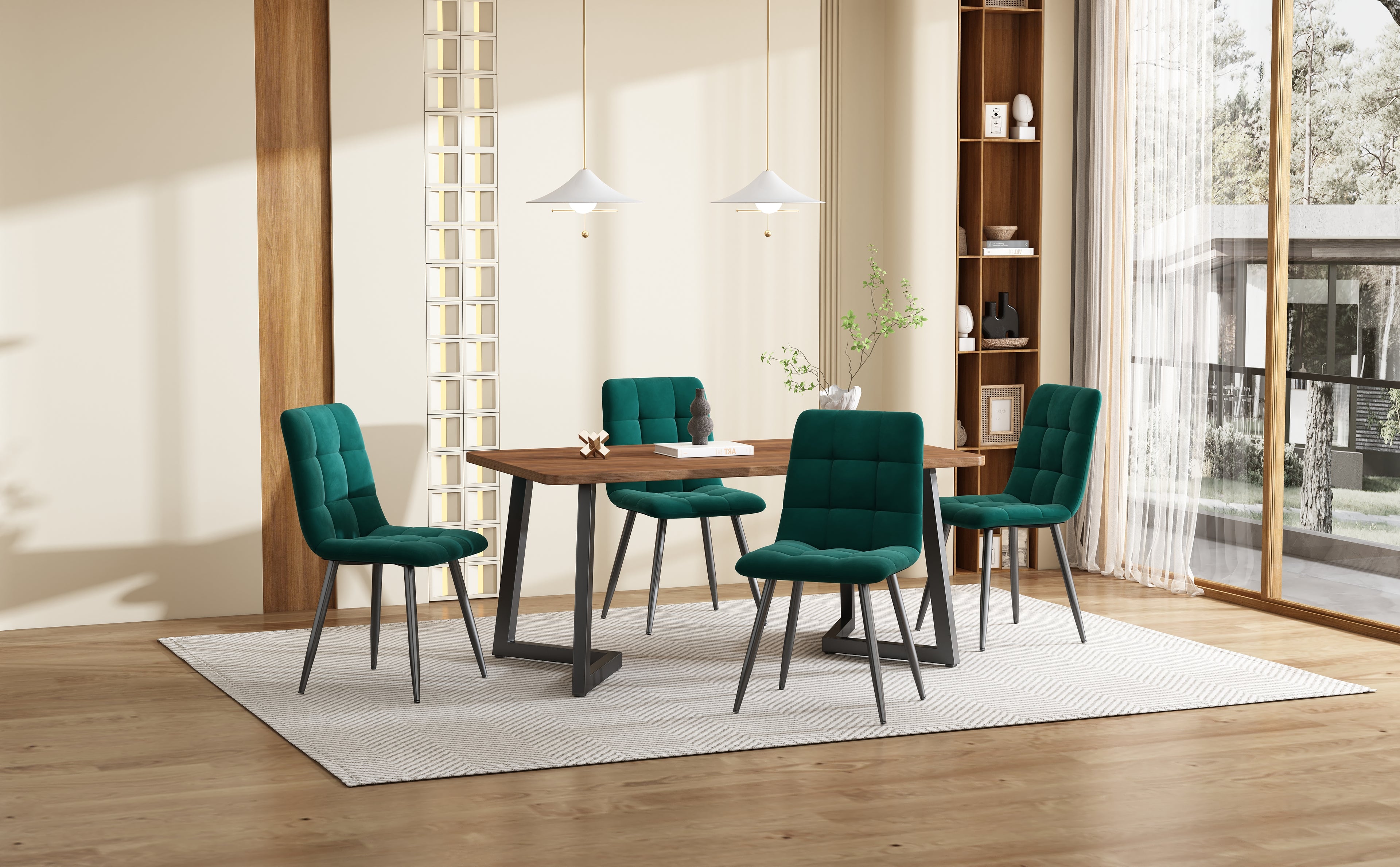 5-Piece Dining Set Table And 4 Chairs, Modern Kitchen Table Set, Kitchen Table With Wood Grain Finish And Black Metal Legs, Walnut-Colored MDF Tabletop, Dark Green Velvet Dining Chairs