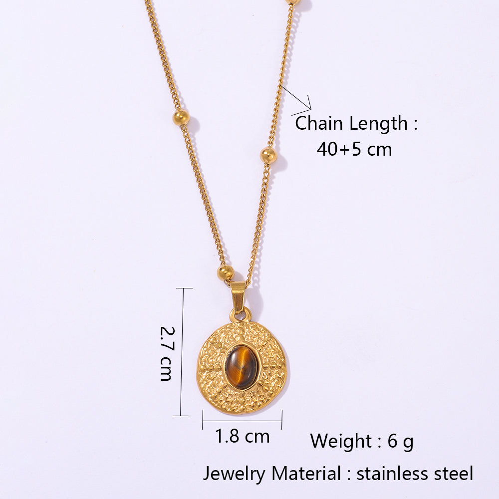 Stainless Steel Side-clamping Beaded Chain Paired With Stainless Steel Tiger's Eye Stone Pendant Necklace