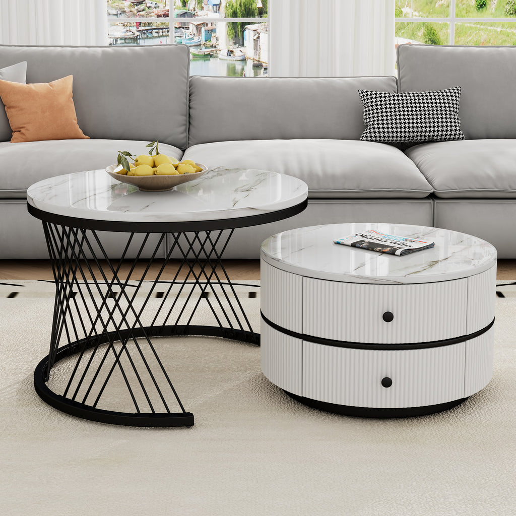 Elegant 2-piece, White Coffee Table Set In Nest Shape, 60x60x46cm & 50x50x31cm, Round Tables With High Gloss Marble Look, 2 Drawers, Loadable Up To 30kg, Nesting Combination Coffee Table