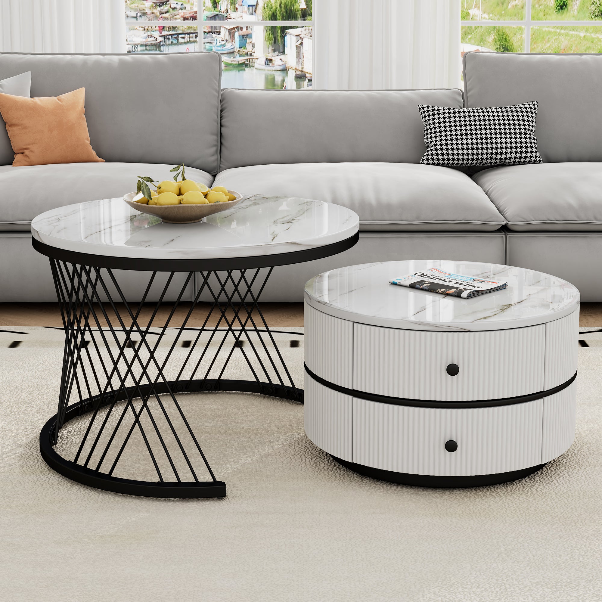 Elegant 2-piece, White Coffee Table Set In Nest Shape, 60x60x46cm & 50x50x31cm, Round Tables With High Gloss Marble Look, 2 Drawers, Loadable Up To 30kg, Nesting Combination Coffee Table