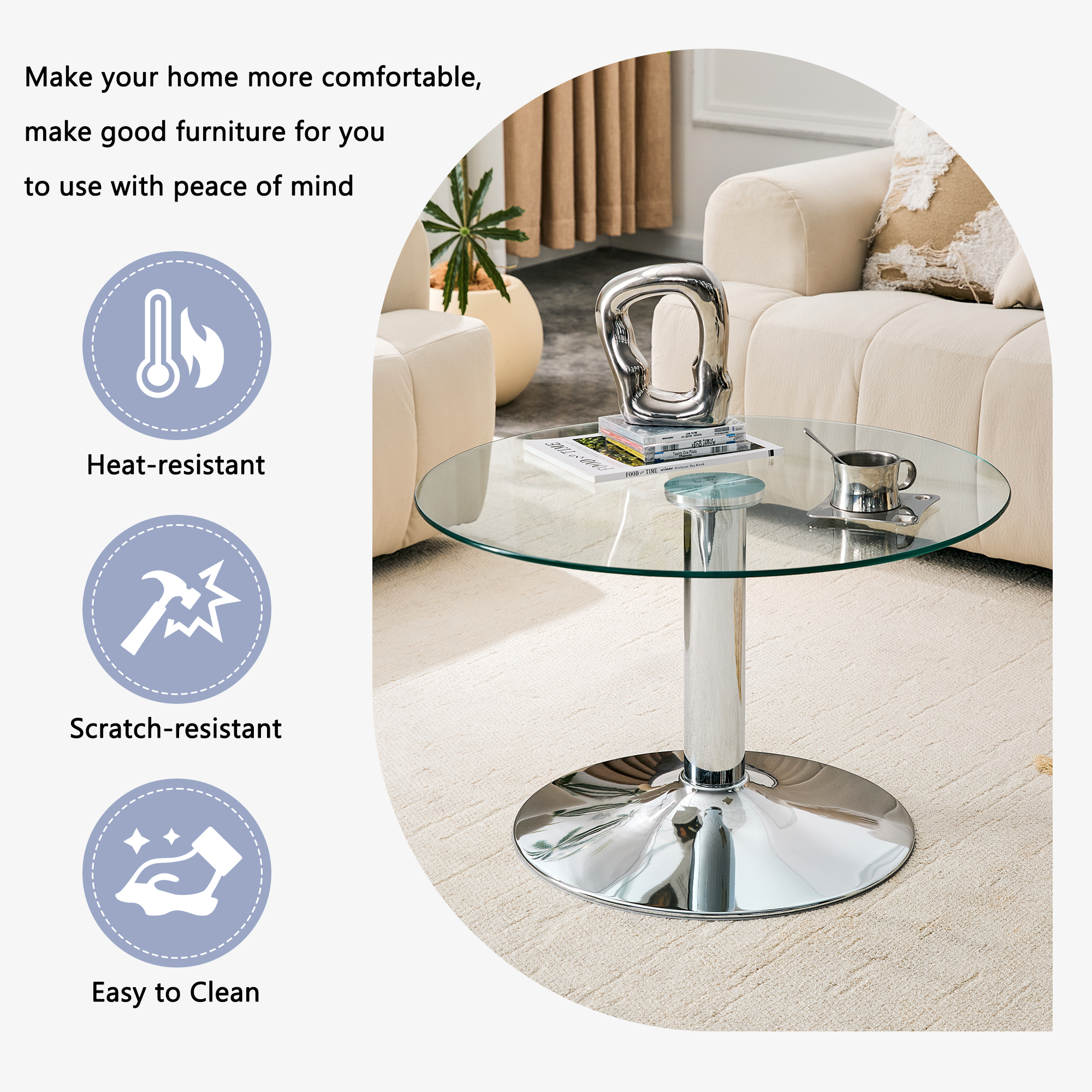 27.5-inch Diameter Round Tempered Glass Coffee Table. 17.7 Inches High, Supported By A Silver Metal Base, With A Light Luxury Edge.
