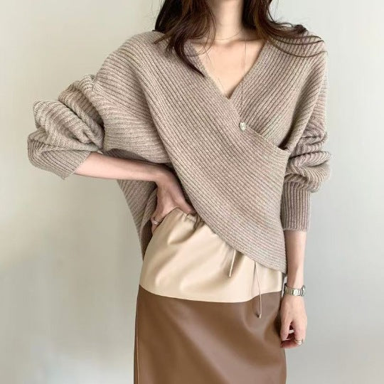 V-neck Solid-color Off-shoulder Knit Pullover For Women
