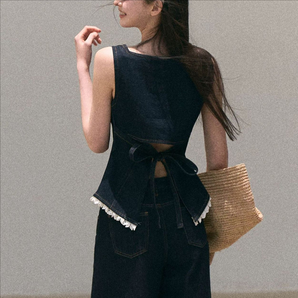 Denim Suspender Vest And Wide-leg Pants Resort-style Set