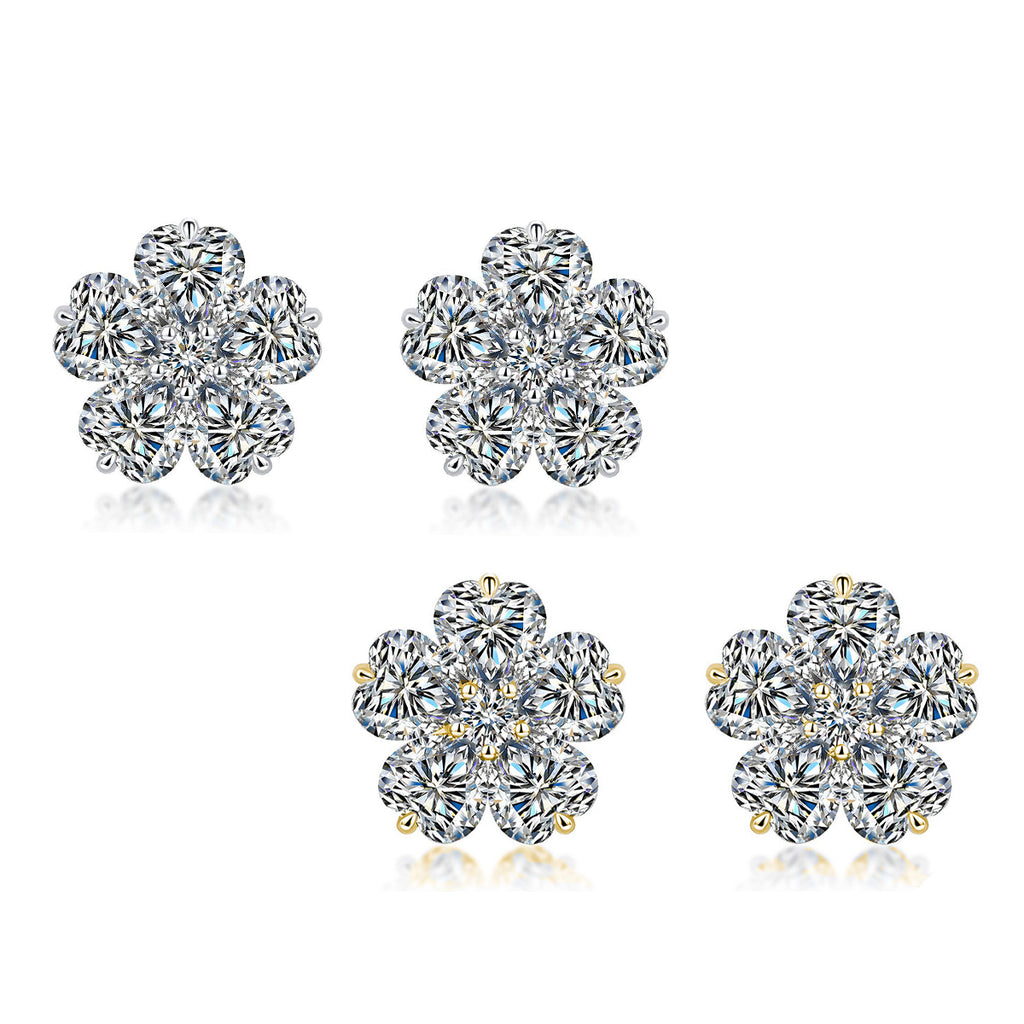 S925 Sterling Silver Heart Flower Stud Earrings, 5x5mm D-VVS1 Moissanite Cluster, Platinum Plated 3.4g Women's Jewelry Gift Box