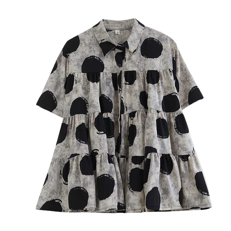 Ink Wash Print Chiffon Blouse Women Summer Loose Fit Plus Size Artistic Style Short Sleeve Top