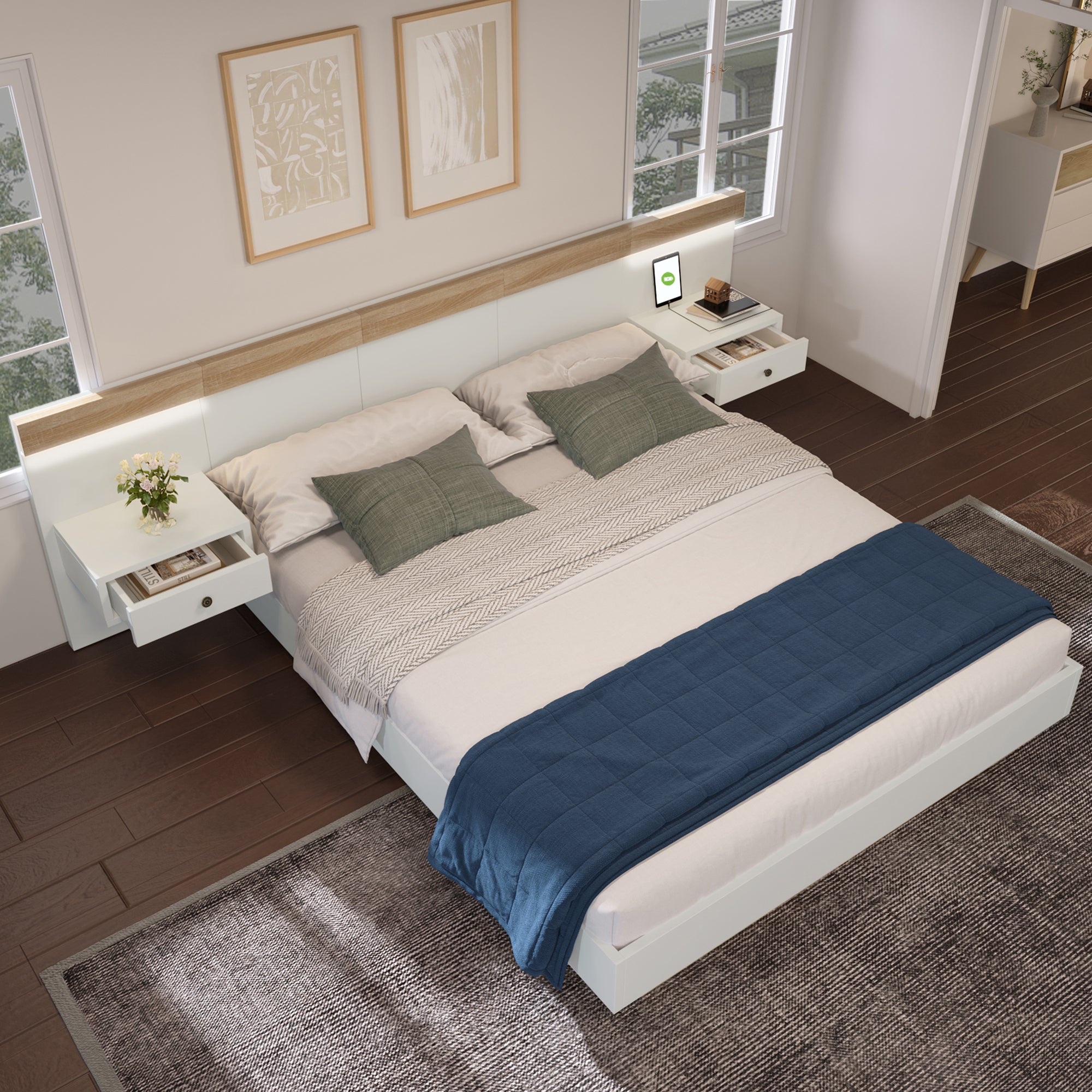 Double Bed Bed With 2 LED Bedside Dressers  USB C Socket 180 X 200 Cm Wooden Bed Incl. 2 Bedside Tables Bedroom Complete 205x284x90.5 Cm D W H Set In Oak Sonoma White  Without Mattress