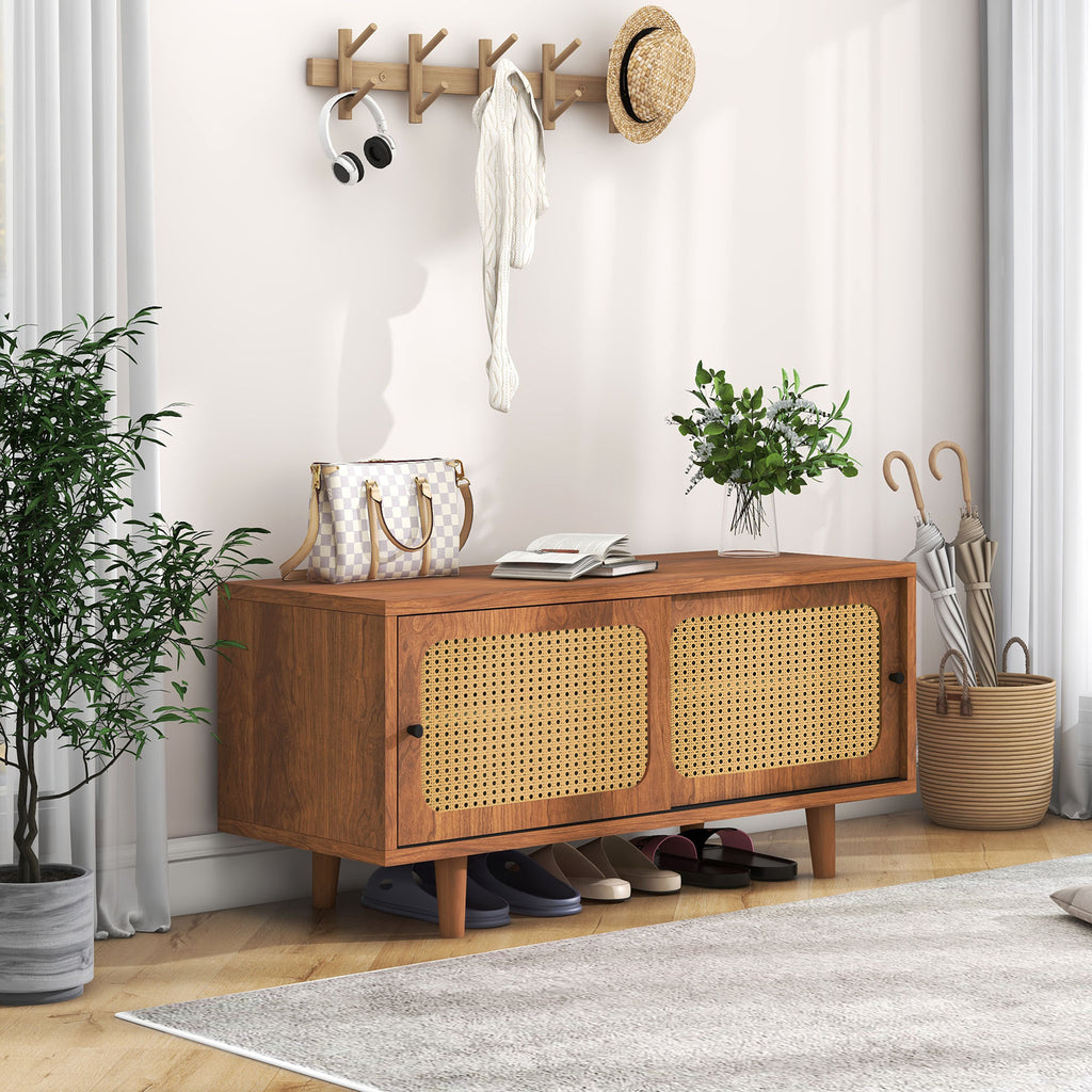 Rattan Shoe Cabinet With 2 Doors With Adjustable Shelf Walnut Color Shapely Shoe Cabinet For Hallway, Living Room And Bedroom, 104x40x48 C