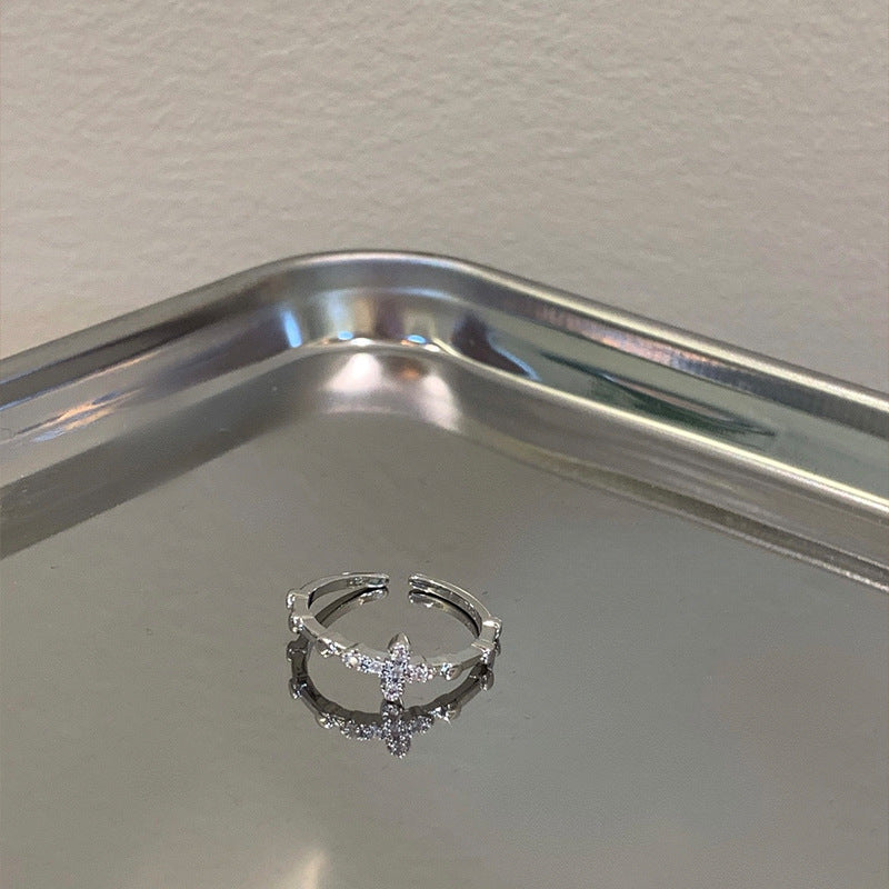 Silver Open-ring Zircon Cross Ring
