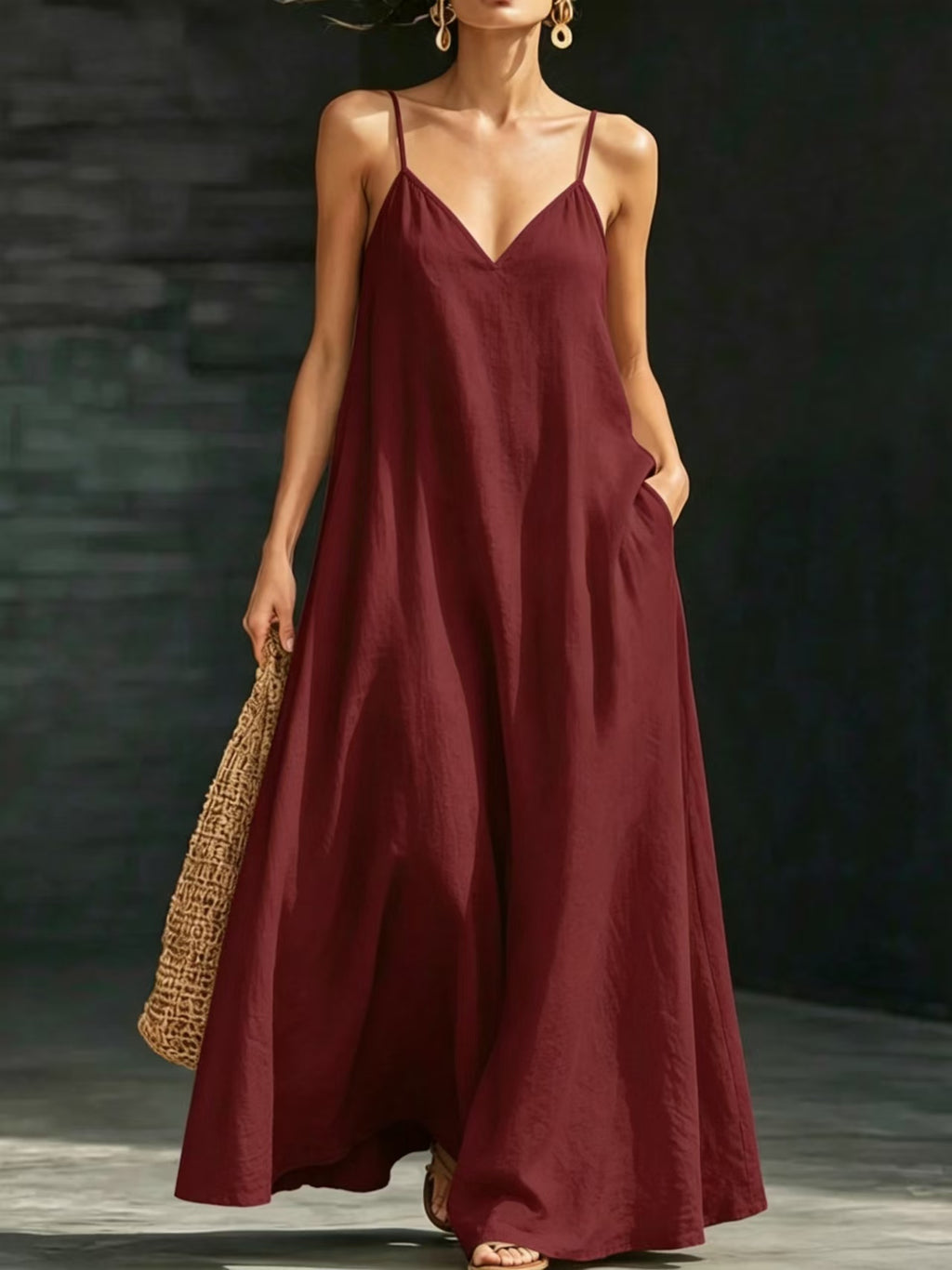 Solid Color V Neck Spaghetti Strap Maxi Dress Women Casual Flared Hem Long Dress