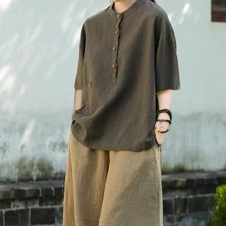 Stand-collar Solid-color Artistic Vintage Blouse For Women Solid Color