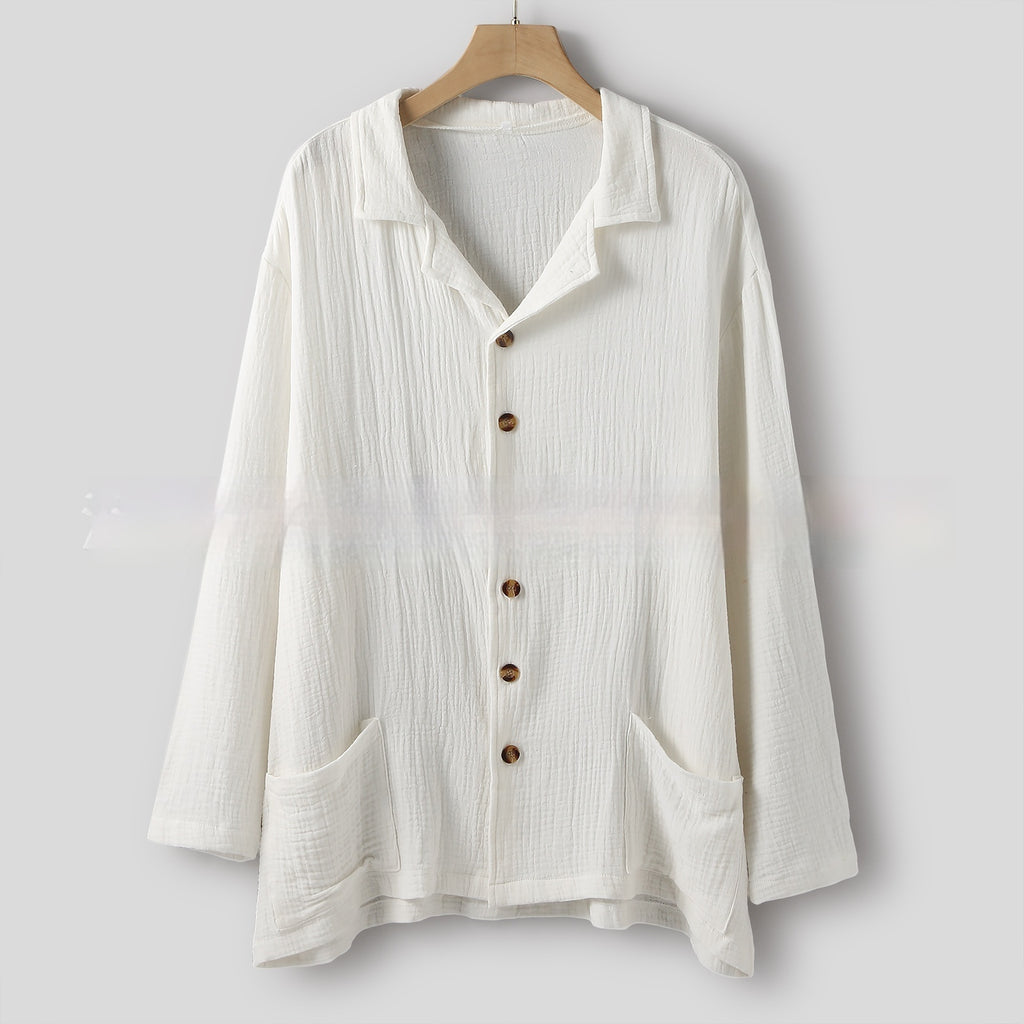 Double-layered Pleated Mens Relaxed-fit Casual Long-sleeve Shirt With A Cuban Collar