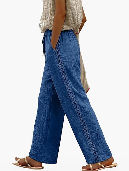 Womens Drawstring-waist Patchwork-lace Casual Loose-fitting Wide-leg Pants With Pockets