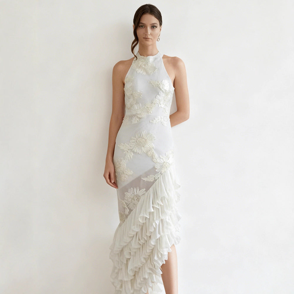 Sleeveless Off-shoulder Dress With Three-dimensional Embroidery And Ruffled Hem