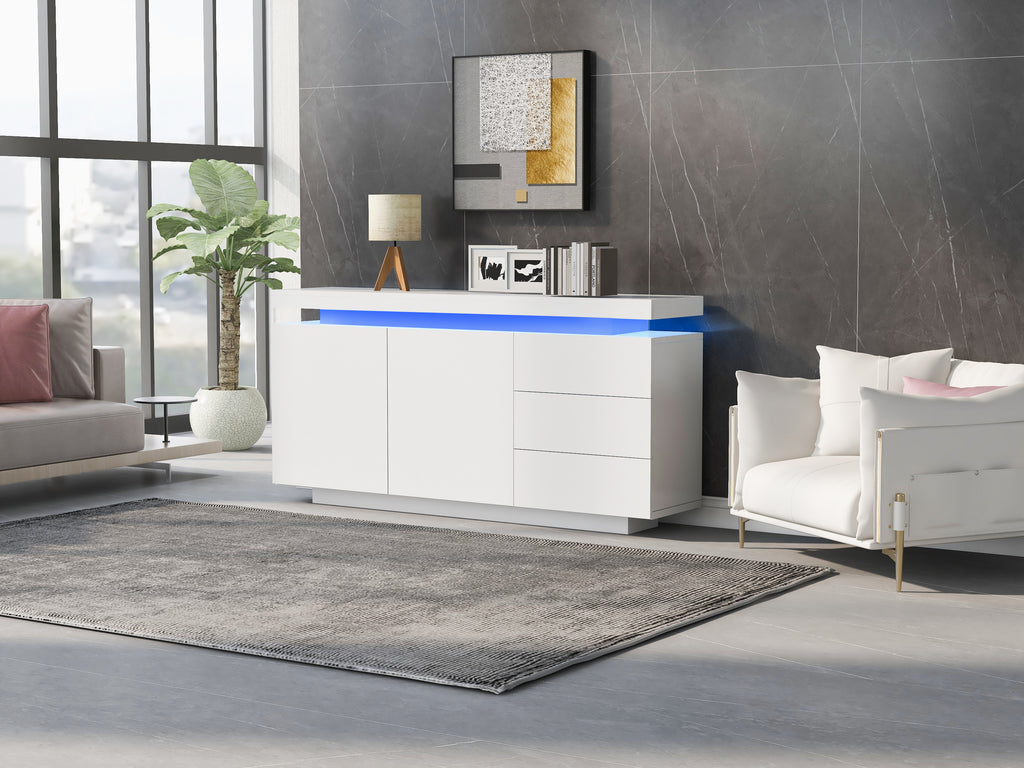 306338342WAA Modern Living Room Sideboard High-Gloss Cabinet With 2 Doors & 3 Drawers, LED Lighting, Handle-Free Design 140x35x72.5cm White