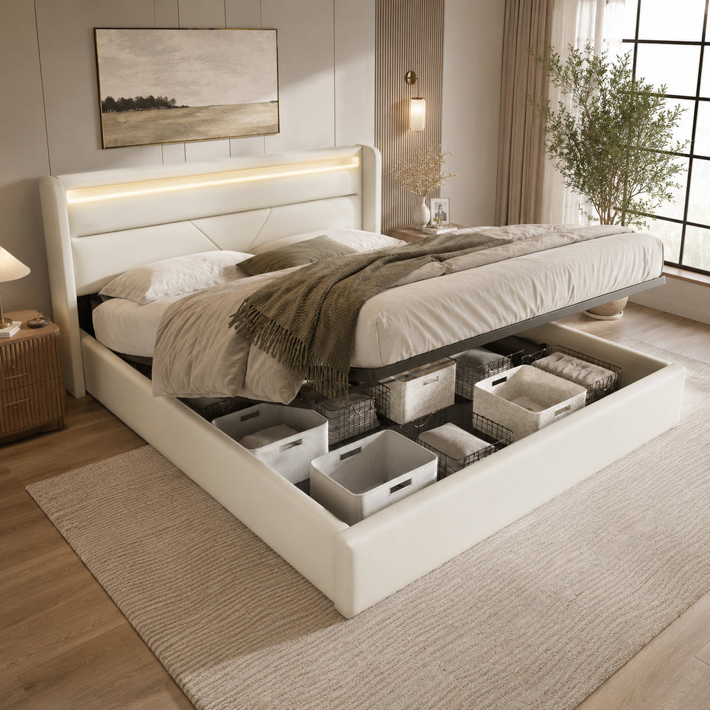 Hydraulic Storage Bed With LED Lighting Strip, Double Bed Bed Frame Upholstered Bed 160x200cm, Functional Bed, White  With Remote Control