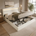 Hydraulic Storage Bed With LED Lighting Strip, Double Bed Bed Frame Upholstered Bed 160x200cm, Functional Bed, White  With Remote Control
