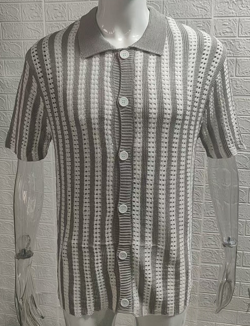 Mens Striped Colorblock Lapel Short-Sleeve Jacket