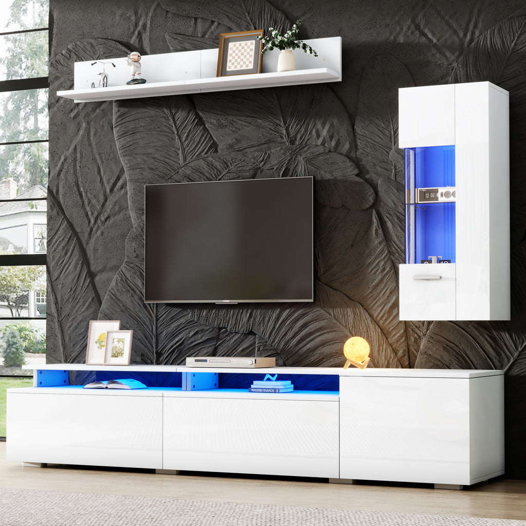 TV Wall Unit Set 3-Piece LED Lighting High Gloss Living Room Furniture Set Frontal Wall Unit 1 X TV Cabinet, 1 X Living Room Display Cabinet, 1 X Hanging Shelf, TV Up To 80' White