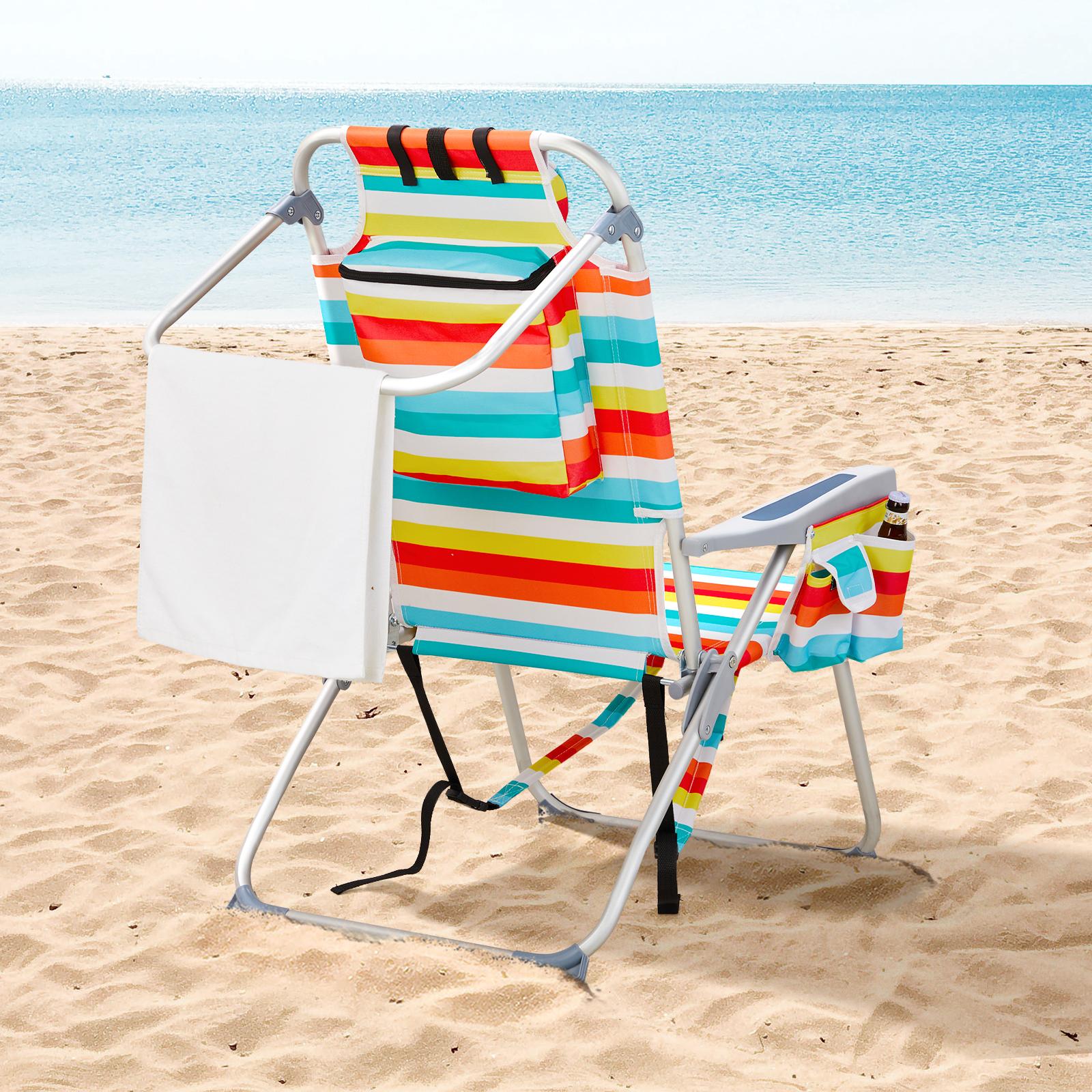 Adjustable Rainbow-Striped Backpack Beach Chair  Portable Folding Lounger With Side Storage Pocket And Pillow  Outdoor Beach, Camping, And Leisure Chair