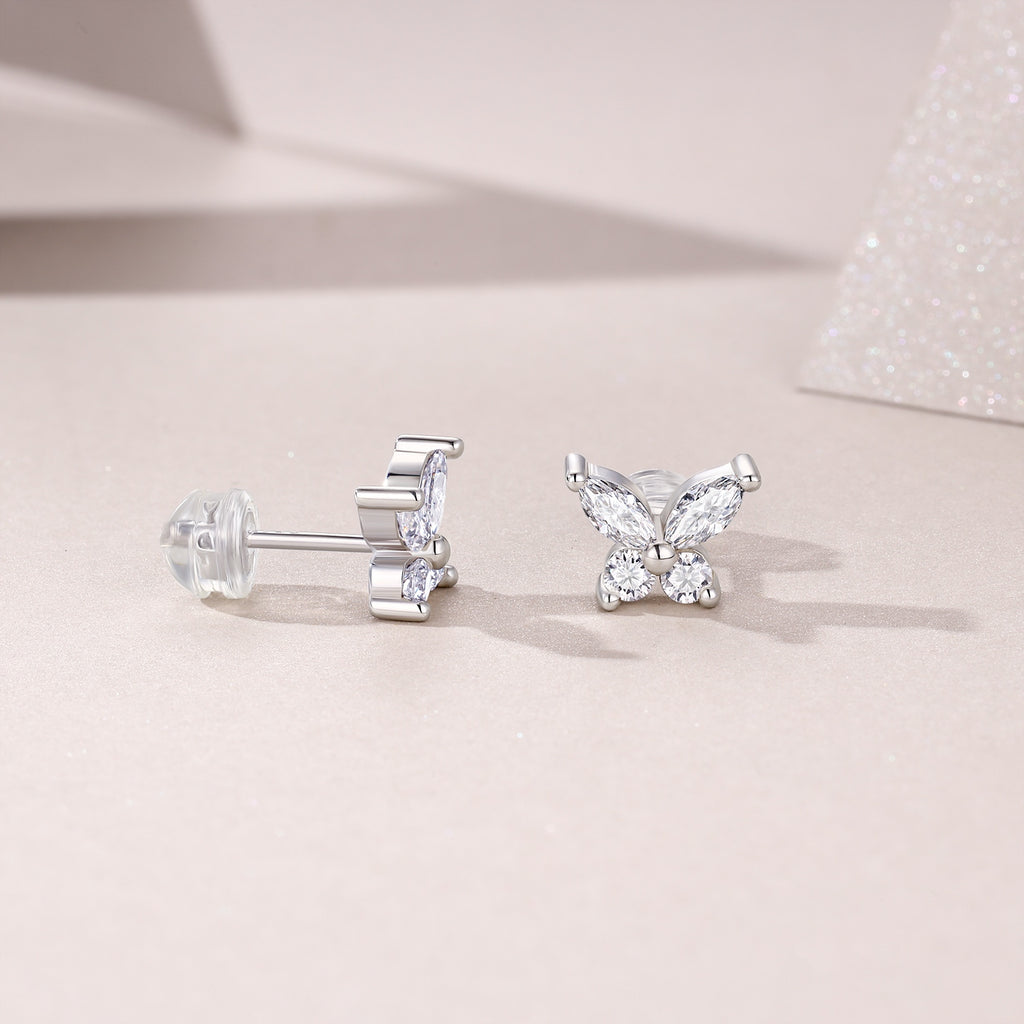 S925 Sterling Silver Butterfly Stud Earrings, D-VVS1 Moissanite Marquise & Round Cut, Platinum Plated 1.6g Women's Jewelry Gift Box