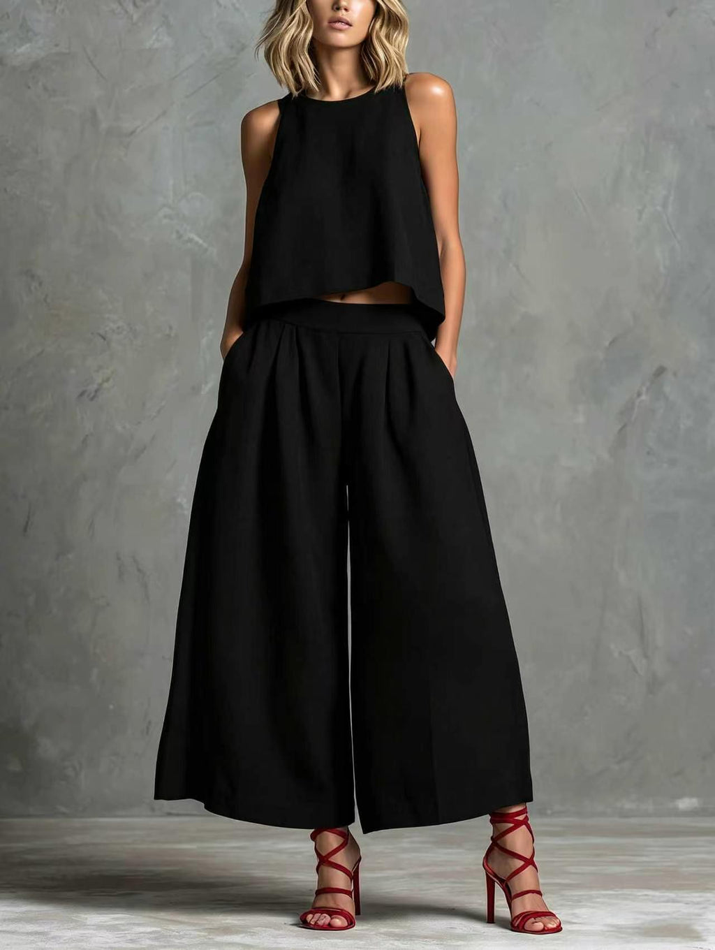 Loose Laid-back Linen Vest And Wide-leg Pants Set