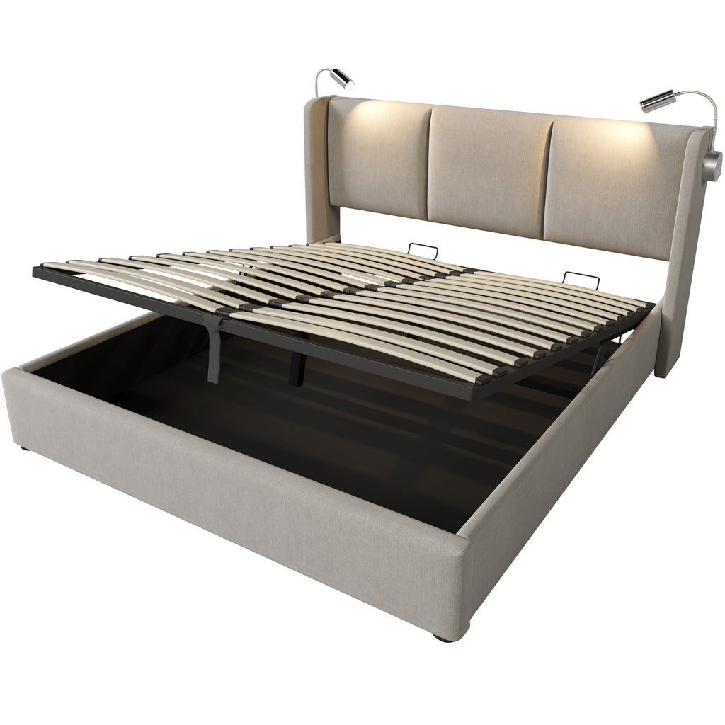 Polsterbett Doppelbett Stauraum Bettkasten Leselicht Mit USB Ladefunktion Kopfteil,Stauraumbetten Bettgestell Aus Leinenmaterial Jugendbett 140x200 Mit Lattenrost Mit Matratze