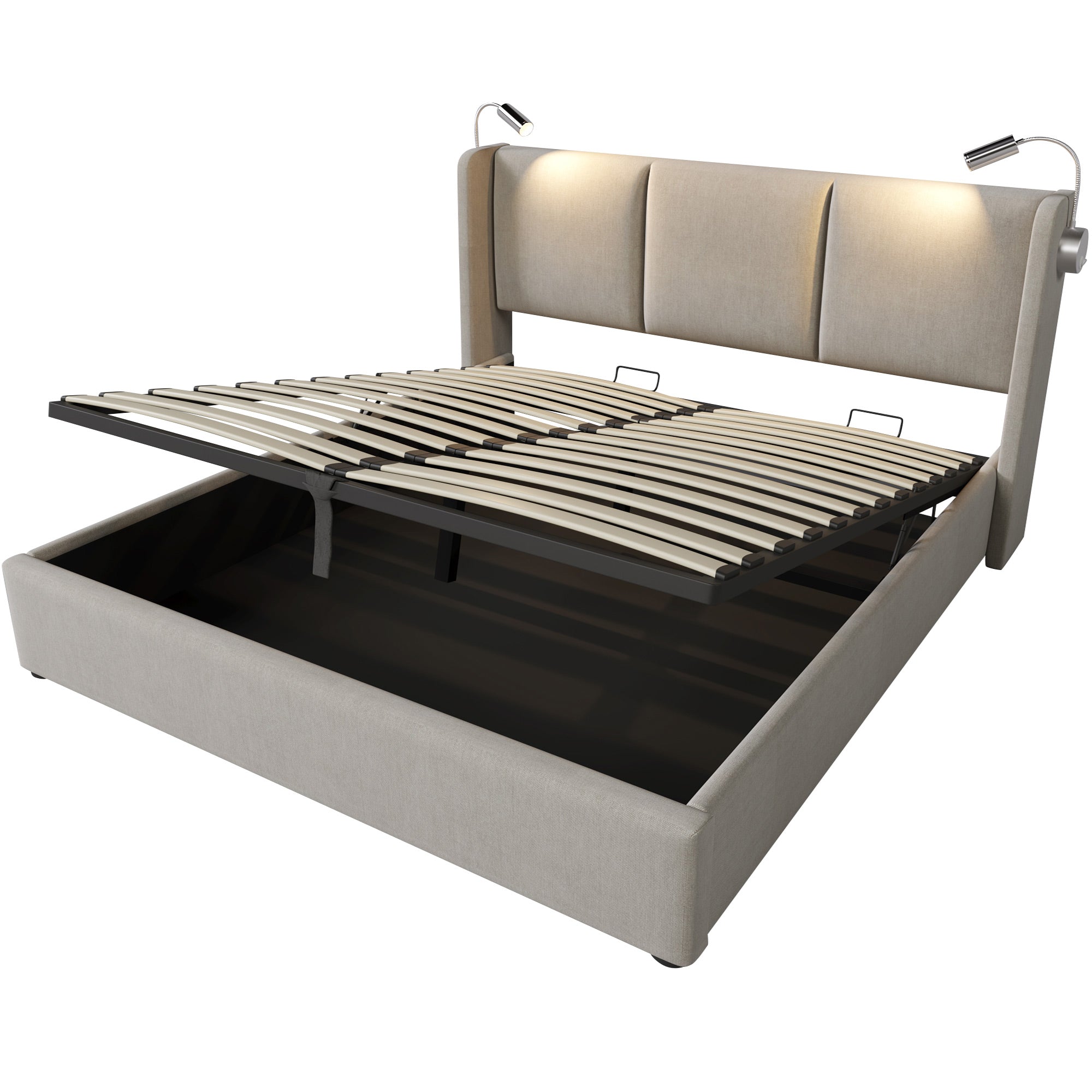 Polsterbett Doppelbett Stauraum Bettkasten Leselicht Mit USB Ladefunktion Kopfteil,Stauraumbetten Bettgestell Aus Leinenmaterial Jugendbett 140x200 Mit Lattenrost Mit Matratze