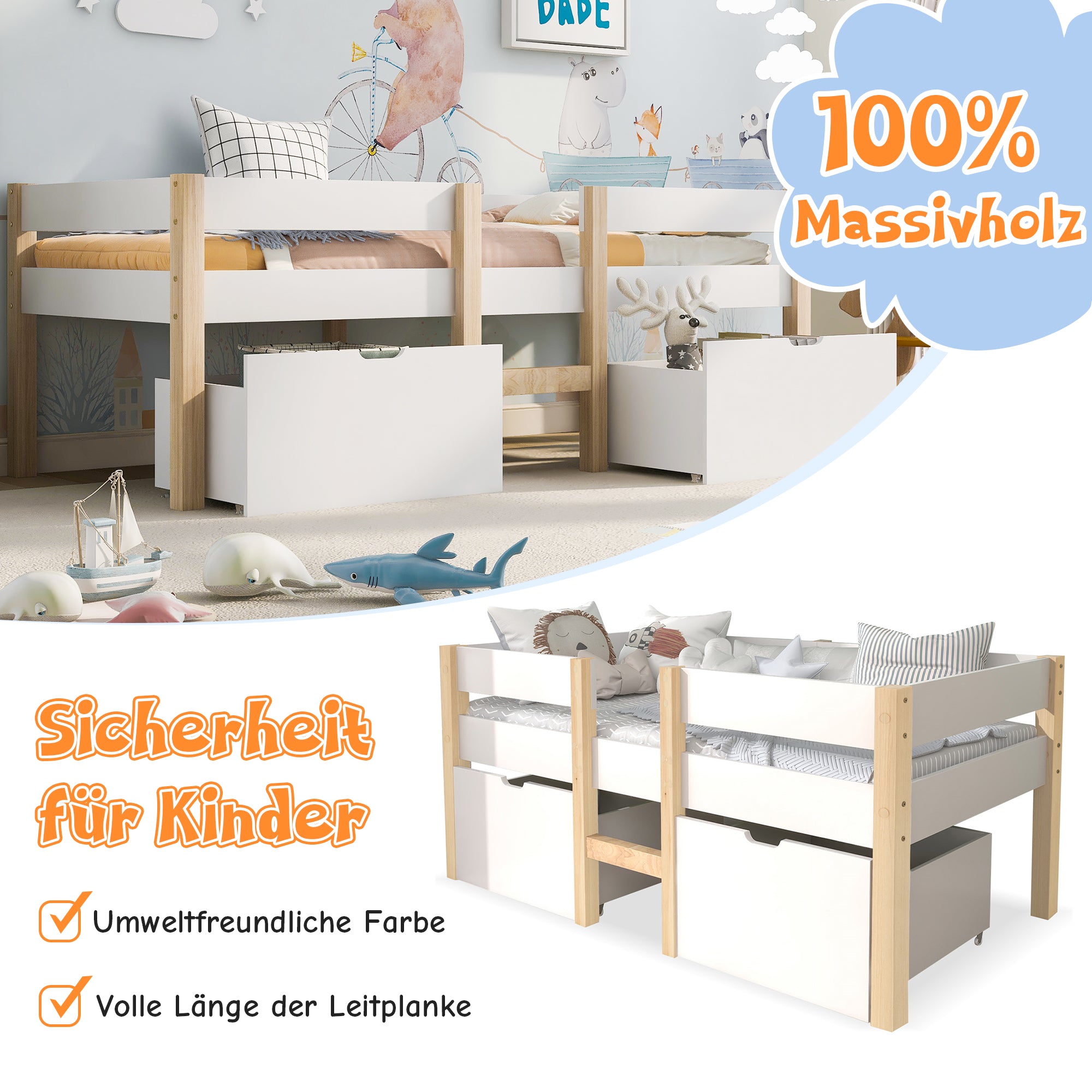 Bed Children's Bed With Drawer And Fall-out Protection, Pine-solid Wood-90x200 Cm-White & Oak
