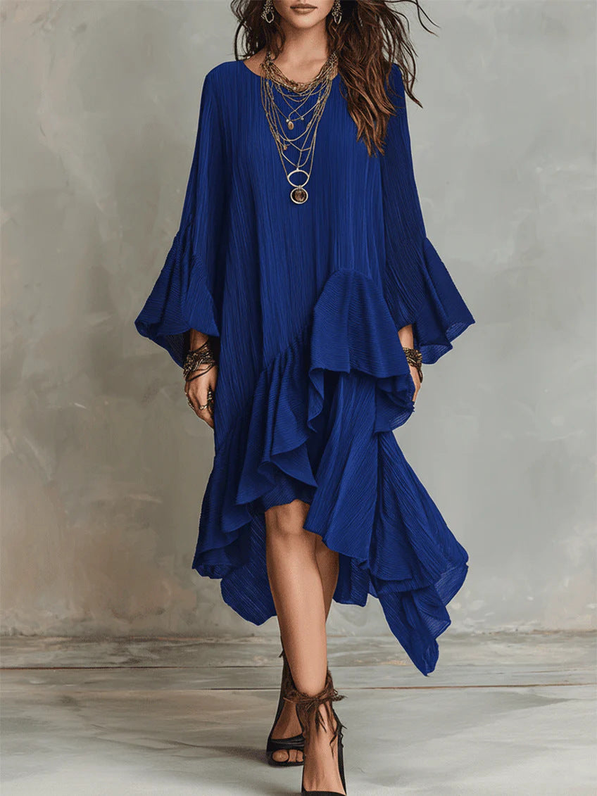 Womens Solid-color Elegant Asymmetrical Ruffled Dress