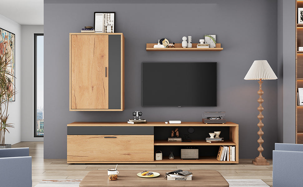 140x35x39cm TV Wall Unit Set Complete Set, 3 Pcs , Media Wall Incl. TV Board, Stand Shelf And Wall Shelf, TV Living Room Furniture Set, Modern TV Cabinet, Standing And Hanging, Wood Color Black