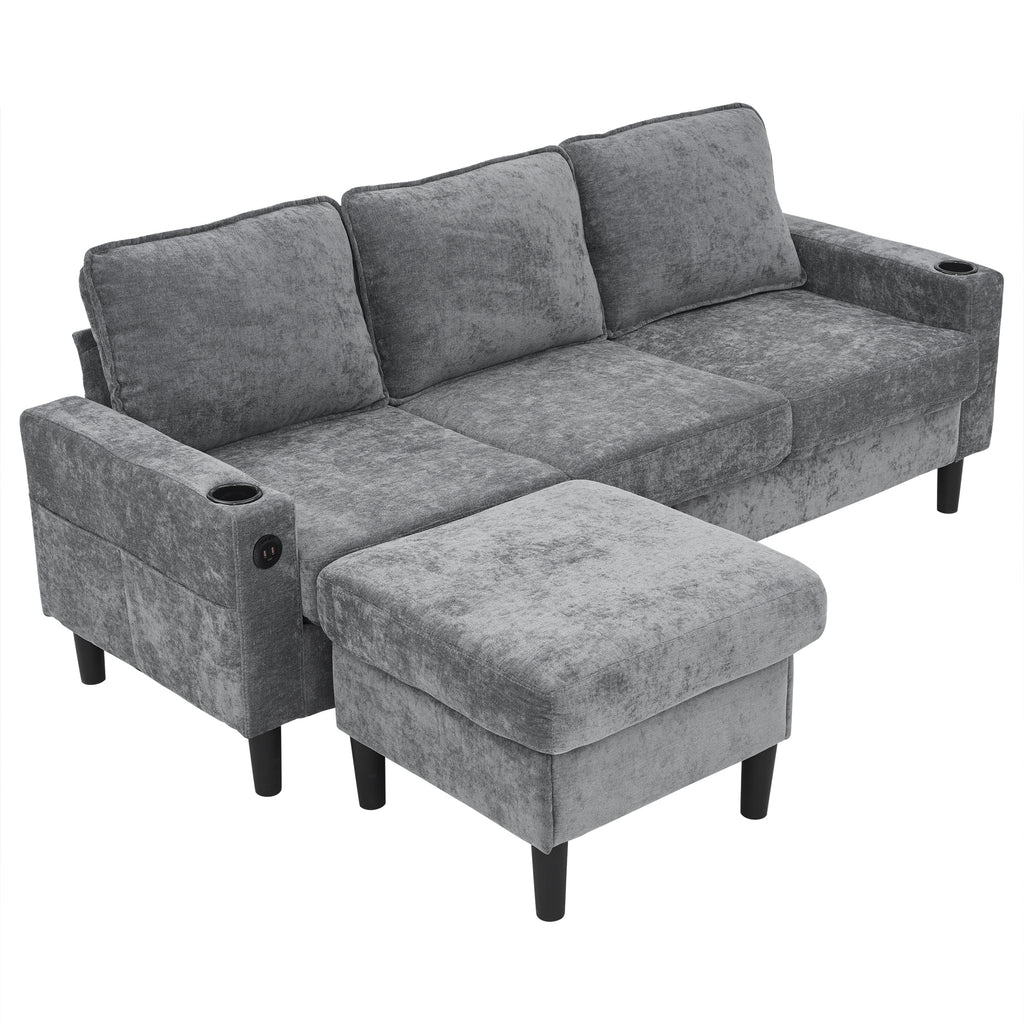 Upholstered Sofa & Couch With USB & Type-C Ports, 3 Seater Sofa With Dual Cup Holders For Living Room, Apartment, Lounge & Bedroom - L-Shaped Sofa Bed, Grey, Linen