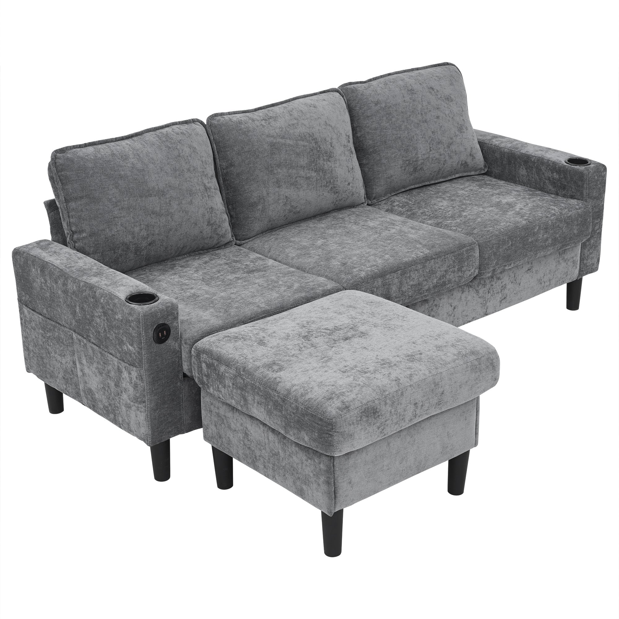 Upholstered Sofa & Couch With USB & Type-C Ports, 3 Seater Sofa With Dual Cup Holders For Living Room, Apartment, Lounge & Bedroom - L-Shaped Sofa Bed, Grey, Linen