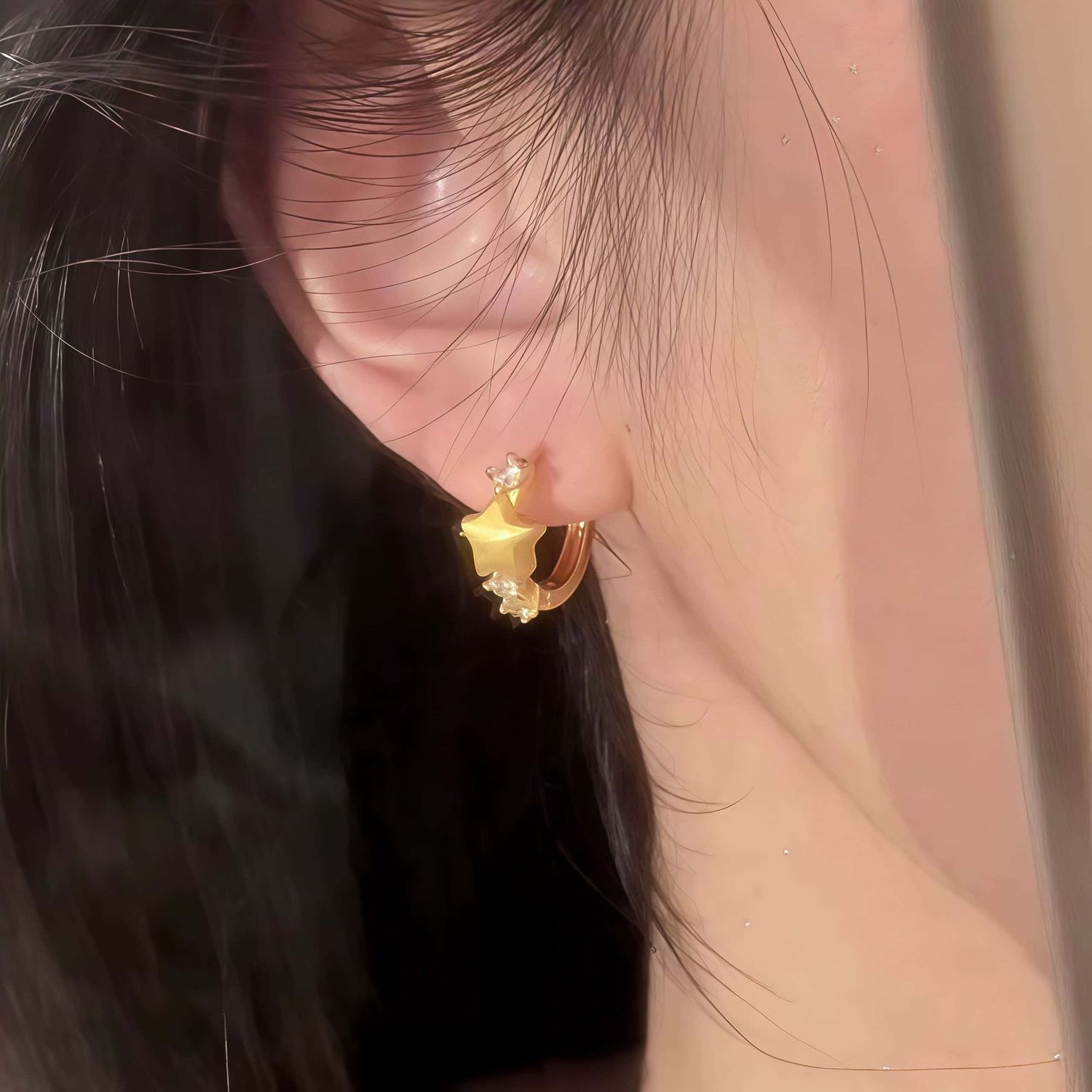 French Gold Brushed Star Huggie Earrings, Minimal Exquisite Niche Unique Designer Hoops, High-End Elegant Fashion Ear Jewelry For Women