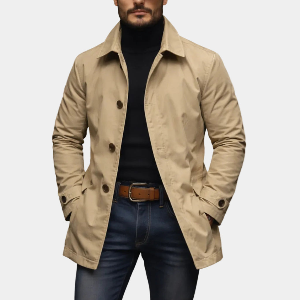 Mens Retro Waterproof Long-Sleeve Cardigan Trench Coat
