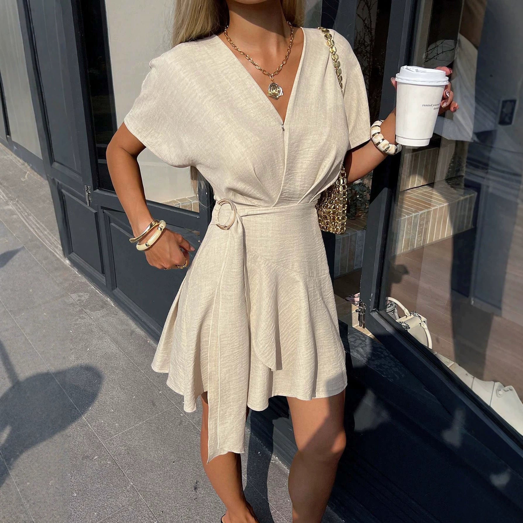 Figure-flattering Asymmetric Soft-style V-neck Dress