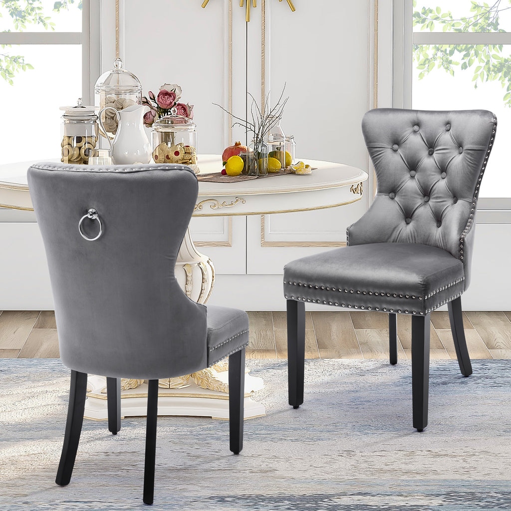 Velvet Dining Chairs 4 Set With Oak Legs, Button, Chrome Clamp And Nail Head Fit Bedroom Chair Kitchen Chair Living Room Lounge Recreational Chair Grey, 4 Pieces Old Sku -PP198789AAG