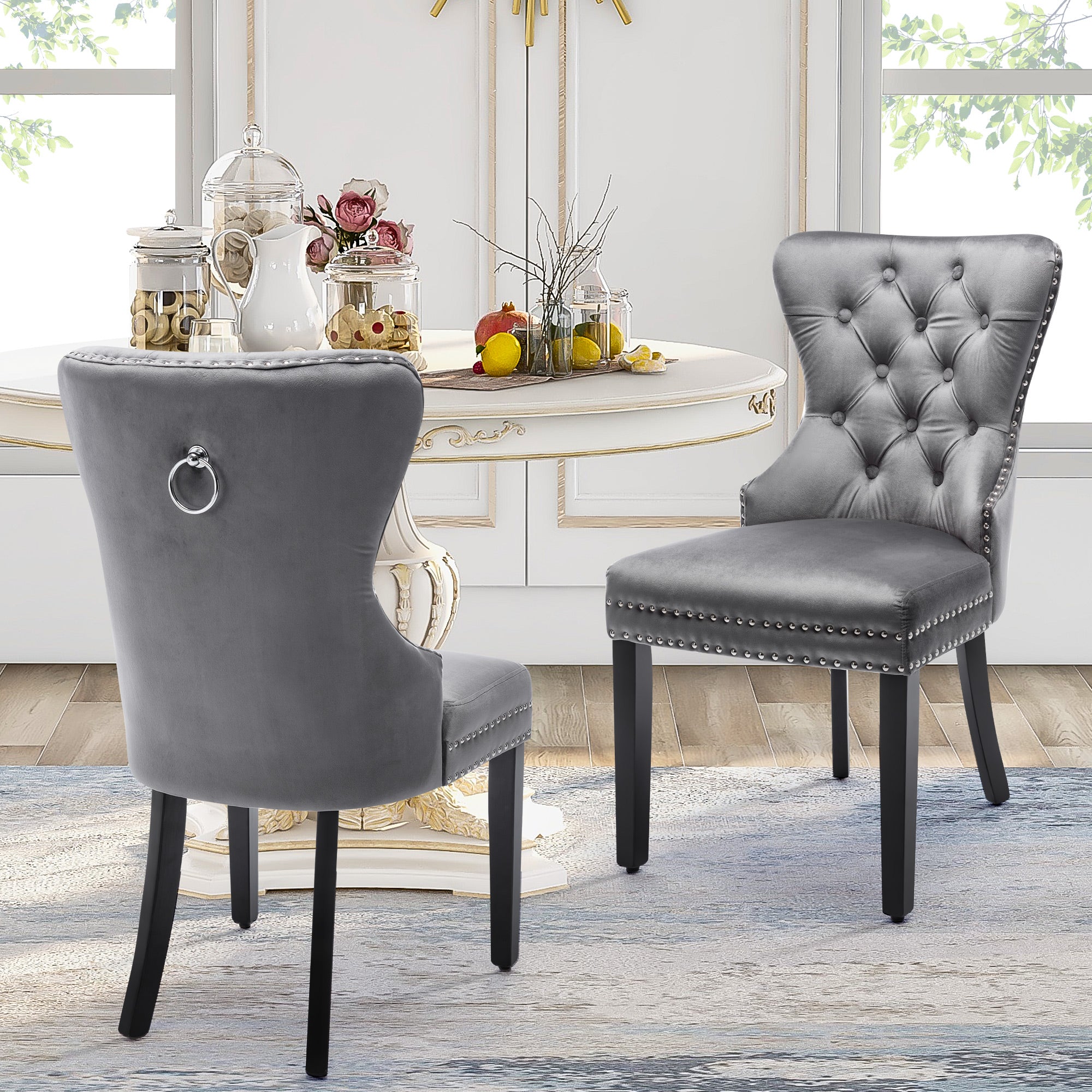 Velvet Dining Chairs 4 Set With Oak Legs, Button, Chrome Clamp And Nail Head Fit Bedroom Chair Kitchen Chair Living Room Lounge Recreational Chair Grey, 4 Pieces Old Sku -PP198789AAG