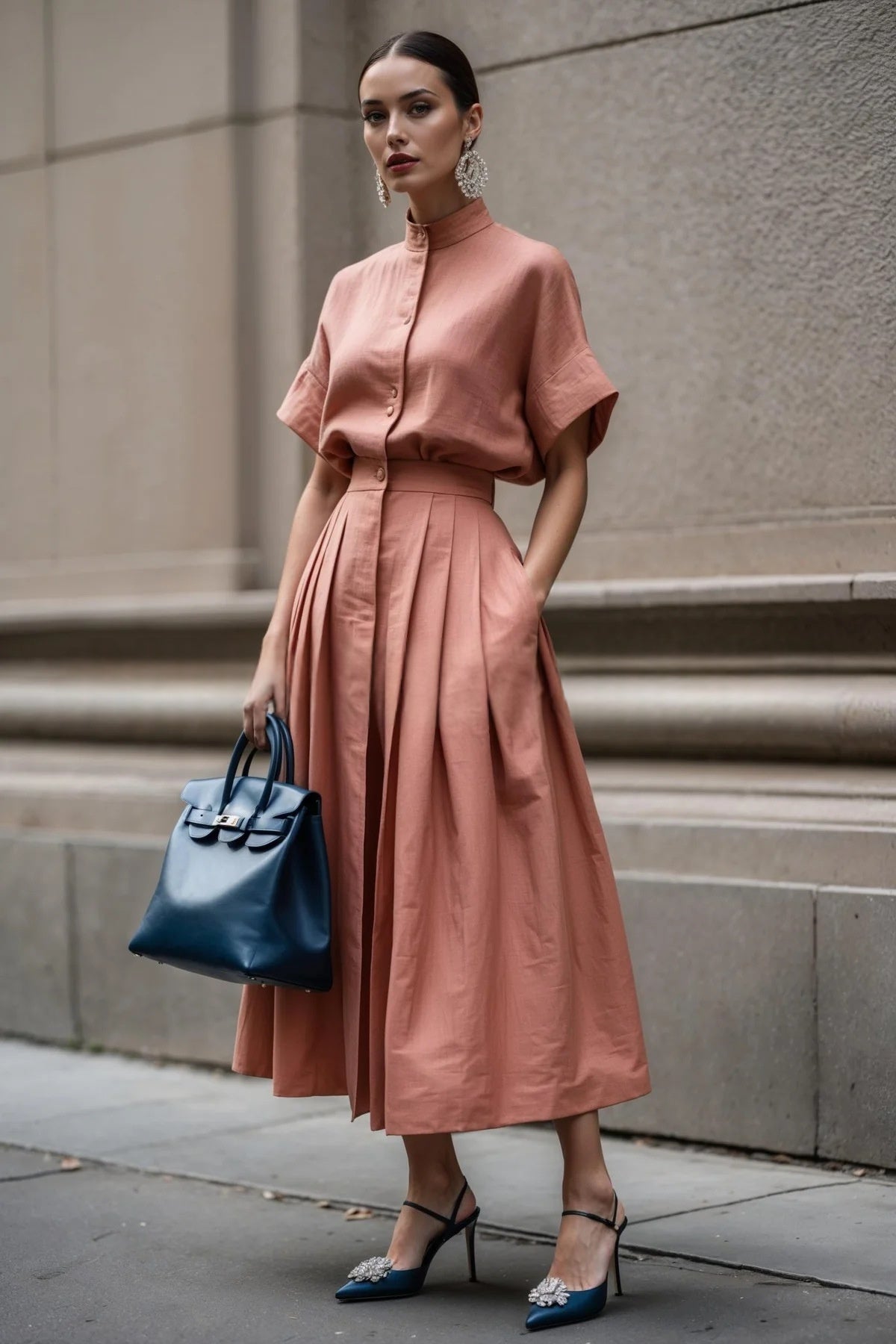 Solid-color Short-sleeve Turtleneck Top With Pleated Long Skirt