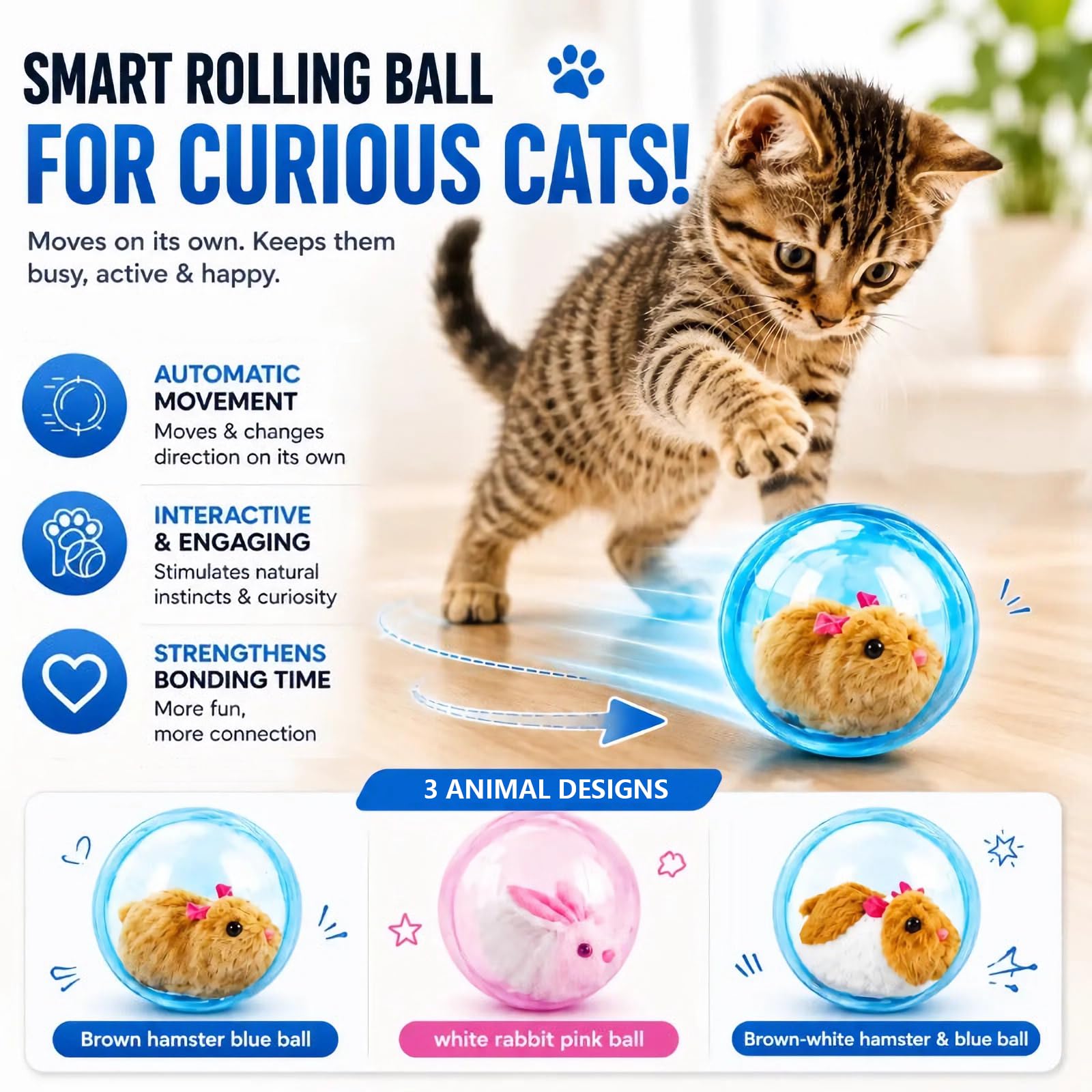 2026 New Self-Rolling Interactive Cat Ball Realistic Animal Automatic Moving Rolling Cat Ball  Rolling Spin Moving Cat Ball Indoor Interactive Pet Ball For Cats Dogs Chasing