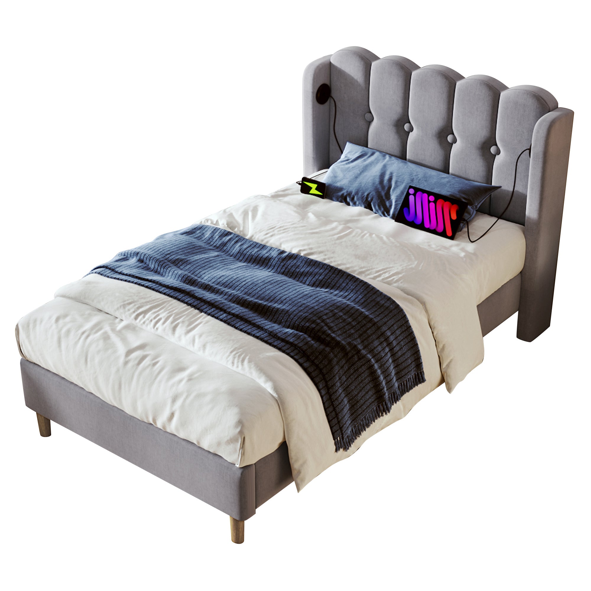 Upholstered Bed Single Bed With USB Type C Charging Function, Bed Frame With Slatted Frame, Upholstered Bed In Grey,90 X 200 Cm Bed Frame Youth Bed For Bedroom Guest Room Linen Material